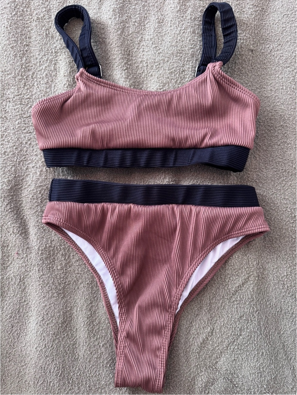 Ribbed Pink Bikini Set with Black Trim